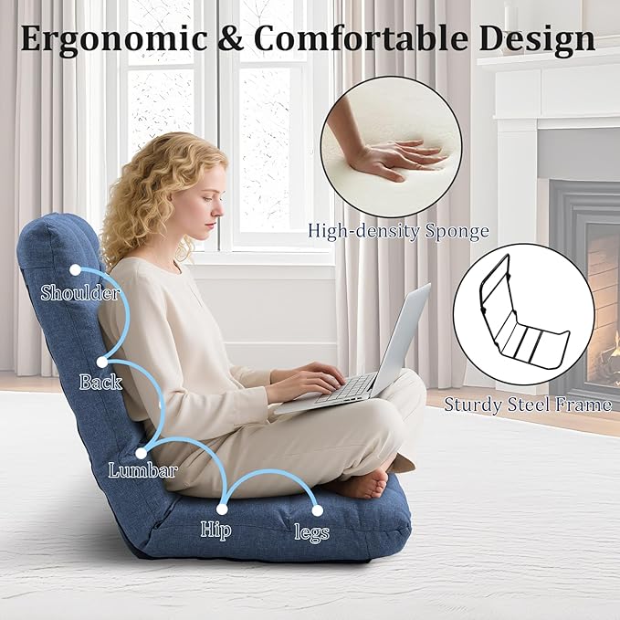 Folding Floor Gaming Chair with Back Support 14-Position Adjustable Recliner - Padded Cushion with Breathable Linen &amp Cotton Blend for Adults &amp Kids Perfect for Gaming Reading &amp Meditat