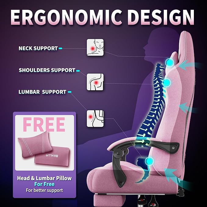SITMOD Fabric Gaming Chair with Footrest-Breathable Computer Chair with Headrest &amp Lumbar PillowBig and Tall Ergonomic Gamer Chair for Heavy Adults22.44 Deep Seat Gaming Chairs for Adults(Pink)