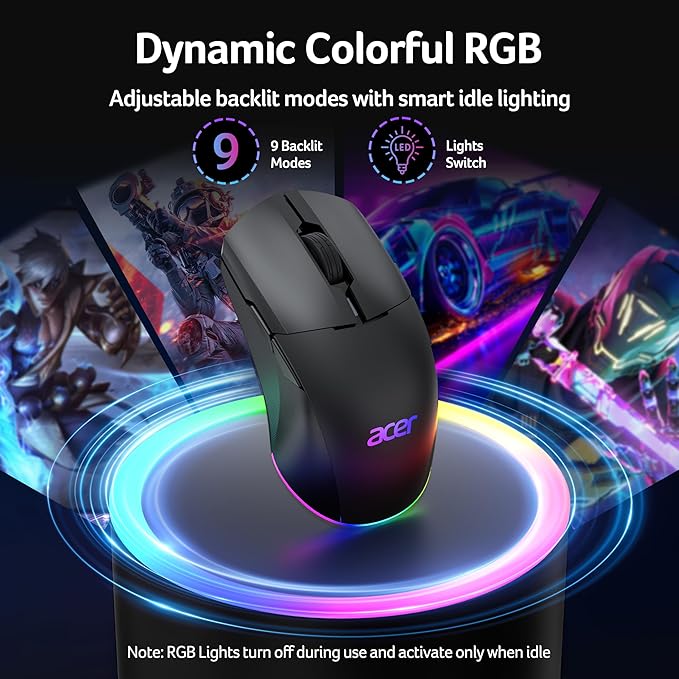 acer Wireless Gaming Mouse for Laptop 24000 DPI Wired Computer Mouse with 8 Programmable Buttons Left &amp Right Hand Rechargable Gaming Mice Long Battery Life RGB Lighting Gamer for PC Deskto