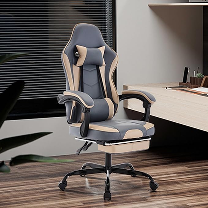 Beige 360° Swivel Gaming Chair Ergonomic Heavy Duty 330lbs Office Chair with Footrest and Massage Lumbar Support Height Adjustable High Back Reclining Gamer Chair with Headrest (Beige Blue)