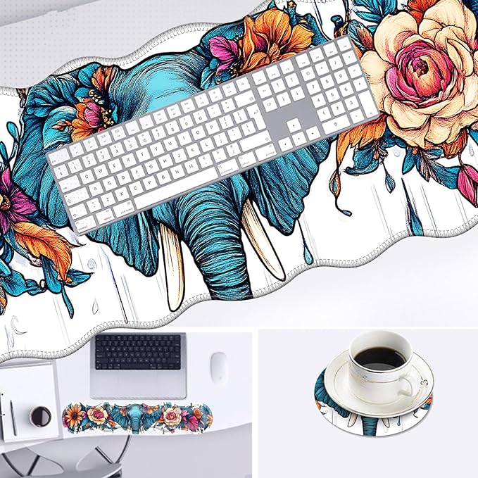 Large Mouse Pad and Keyboard Wrist Rest Desk Pad for Keyboard and Mouse 4-in-1 Large Gaming Mouse Pad with Wrist Support Desk Mat for Home Office Study Game-Floral Elephant