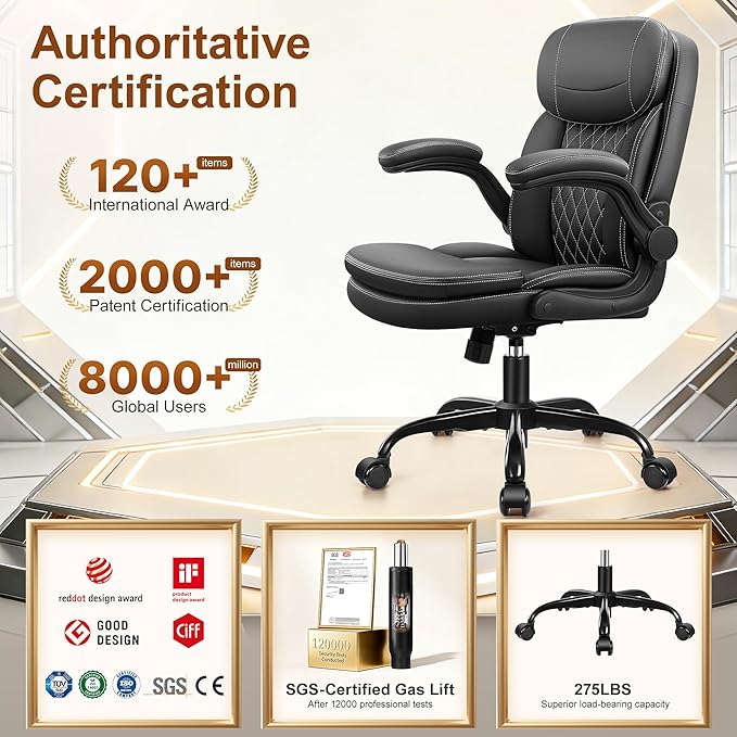 Leather Office Chair Upgraded PU Computer Desk Chairs with Double-Layer Seat Cushion and Neckrest 360°Swivel Ergonomic Small Gaming Chair with Wheels and Adjustable Armrests for Short People Black