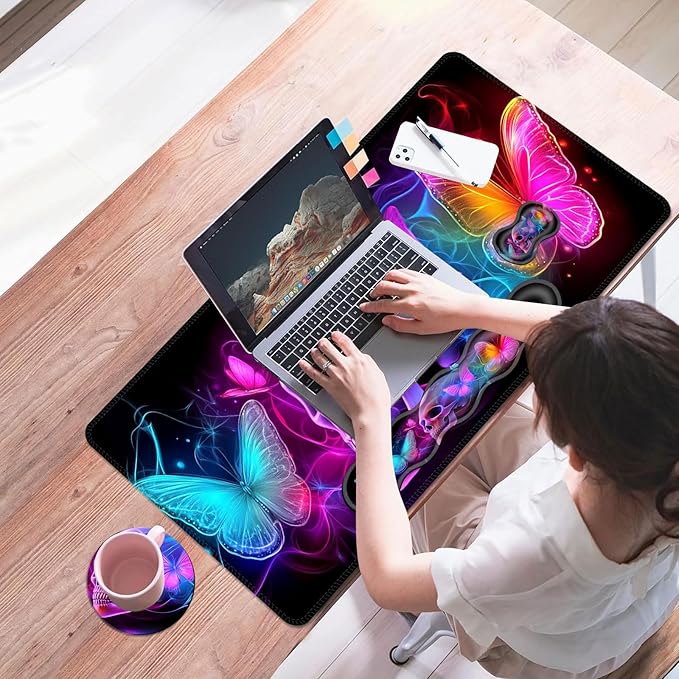Mouse PadLarge Desk Mat Set 4in1 XL Mousepad + Keyboard Wrist Rest+Mouse Wrist Rest+Coaster with Ergonomic Desk Pad for Home Office Table Computer Cover -Neon Skull with Butterflies