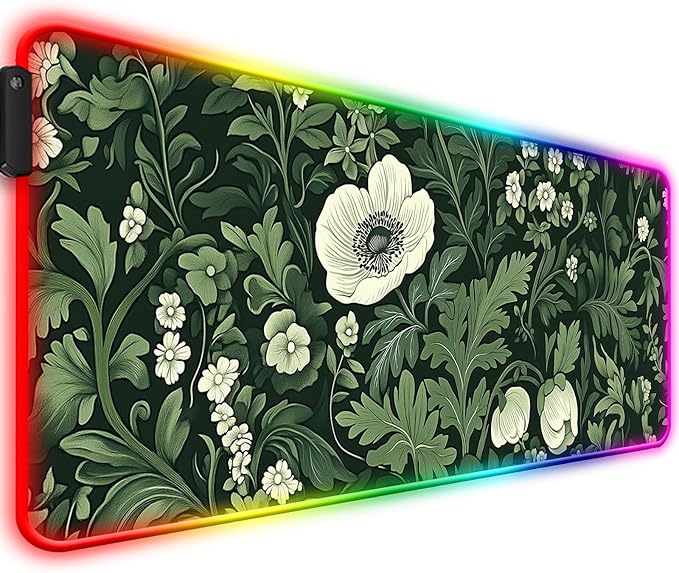 RGB Green Plant Wildflower Gaming Desk Mat Computer Keyboard Large Extended Long Floral LED Mouse Pad for Office and Home XL (W26)