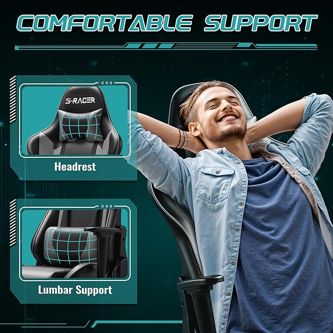 Furniwell Gaming Chair Racing Computer Chair Office Desk Chair Adjustable Swivel High Back Carbon Fiber Style Leather Executive Ergonomic Chair with Headrest and Lumbar Support (Grey)