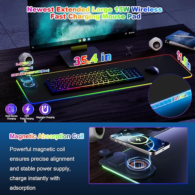 HAUTOCO Wireless Charging Mouse Pad 15W RGB Gaming Mousepad Waterproof Desk Mat with Phone Holder 35.4''x11.8'' Extra Large Desk Pad Non-Slip Base Computer Keyboard Mat for PC Laptop Black