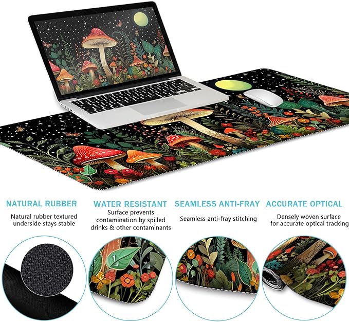 Blusabaca Mushroom Mouse Pad Funny Cute Desk Mat Large Gaming Mouse Pad with Wrist Rest Keyboard Pad Wrist Rest Ergonomic Cup Coaster Work Home Desk Accessories Office Supplies