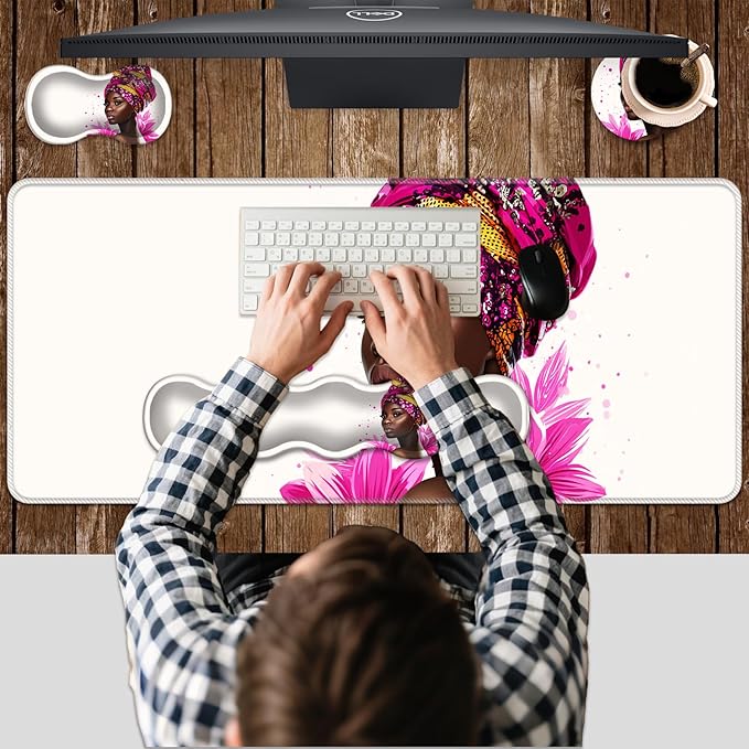 Ergonomic Keyboard Wrist Rest &amp Mouse Pad Wrist Rest SetXL Gaming Desk Mat 31.5x 11.8Non-Slip BaseMemory FoamEasy Typing Pain Relief for Office &amp HomeAfrican Woman