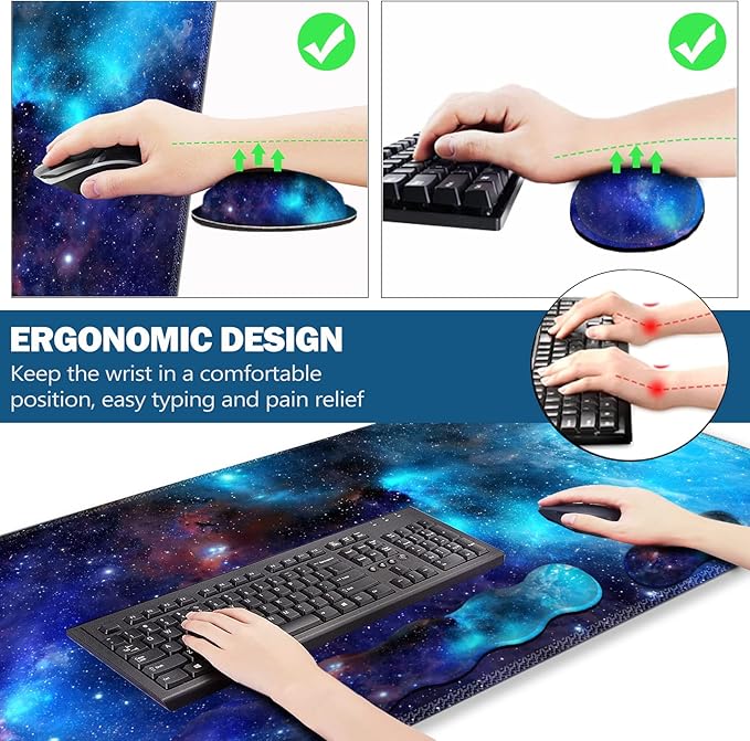 Extended Gaming Mouse Pad Keyboard Wrist Rest Pad Wrist Support Mousepad Set Artso Large Rubber Base Stitched Edges Multifunctional Desk Pad (35 x15.5 in) for Work Office Home Universe Galaxy