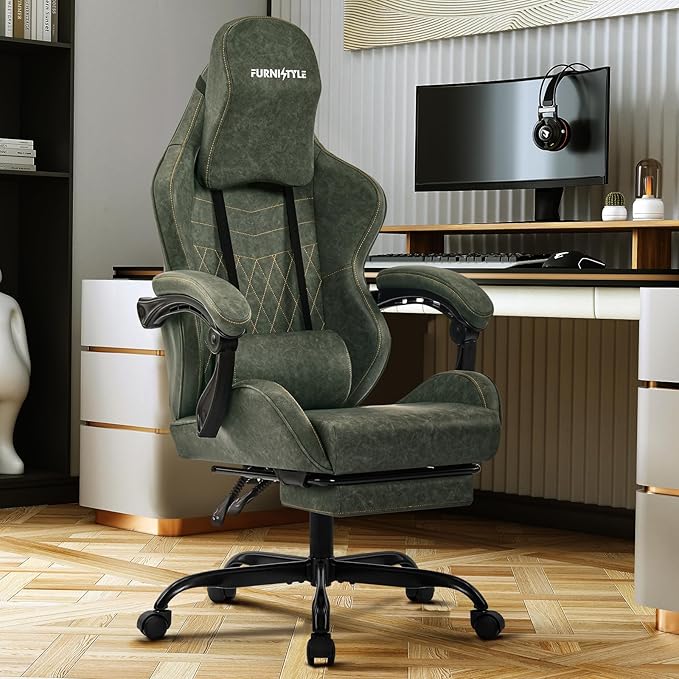 Gaming Chair Video Game Chairs with Large Headrest Pillow Linkage Armrests Retro PU Leather Ergonomic Computer Chair for Gaming or Office Green