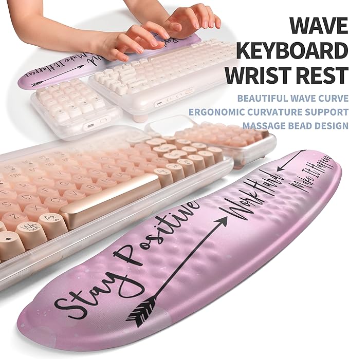 2-in-1 Ergonomic Set Wave Keyboard Wrist Rest and Massage Slope Mouse Pad Wrist Support Rebound Memory Foam for Relieve Carpal Tunnel Syndrome and Wrist Pain (Stay Positive)