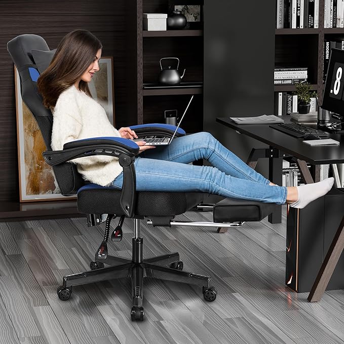 Vongrasig Ergonomic Gaming Chair for Adults PU Leather Office Seat with Head &amp Foot Rests (Blue)
