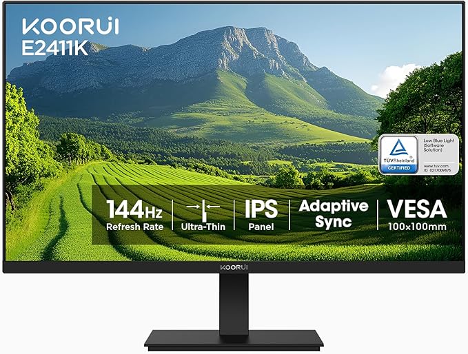 KOORUI 23.8 Inch 144Hz IPS Computer Monitor Full HD 1920 x 1080p Ultra-Slim Display with HDMI VGA Adaptive Sync 99% SRGB VESA 100x100mm Eye Care Tilt Black E2411K