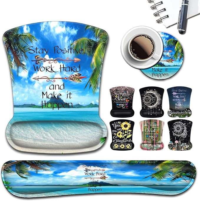 Mouse Pad Wrist Rest and Memory Foam Keyboard Wrist Rest Ergonomic Support Easy Typing for Gaming Computer Office LaptopMotivational Quotes Tropical Beach Coconut PalmTrees Mouse Pad
