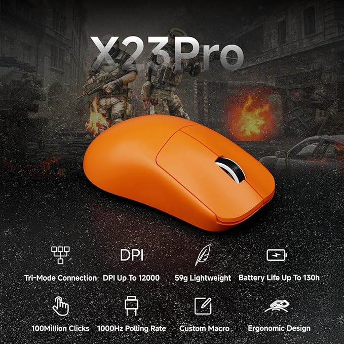 X23Pro Wireless Gaming Mouse 2.4G/BT5.0/USB-C Esports Gaming Mouse 800mAh Rechargeable Lightweight Mouse Gaming 12000 DPI Wireless Mouse with 6 Programmable ButtonsFor Laptop/PC/Mac Orange