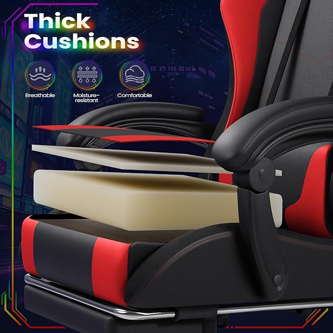 Homall Gaming Chair Video Game Chair with Footrest and Massage Lumbar Support Ergonomic Computer Chair Height Adjustable with Swivel Seat and Headrest (RGB Red)