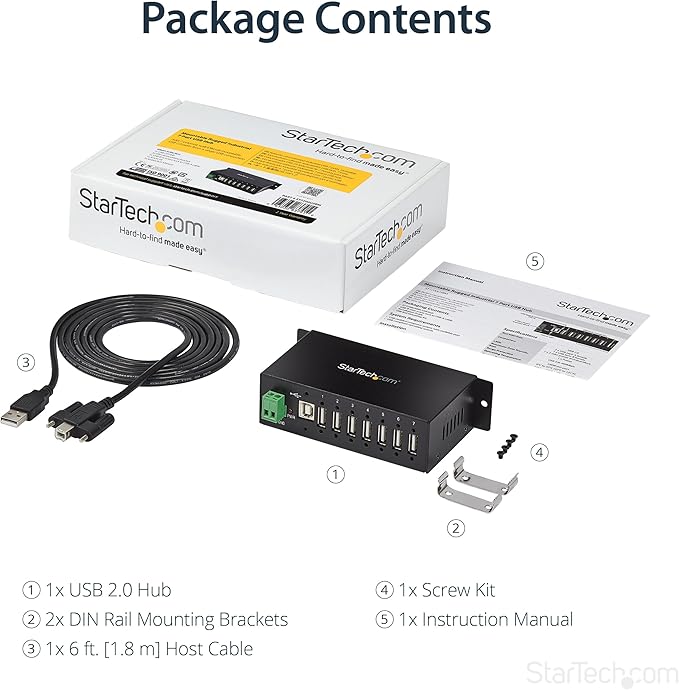 StarTech.com 7-Port USB 2.0 Hub - Metal Industrial USB-A Hub with ESD Protection &amp 350W Surge Protection - Din Rail Wall or Desk Mountable - TAA Compliant USB Expander Hub (ST7200USBM)