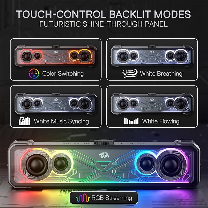 Redragon GS817 RGB Desktop Soundbar 2.0 Channel Stereo Speakers for Desktop w/Massive 30W Max Power Touch-Control Bluetooth 5.3 &amp 3.5mm AUX Inputs Black