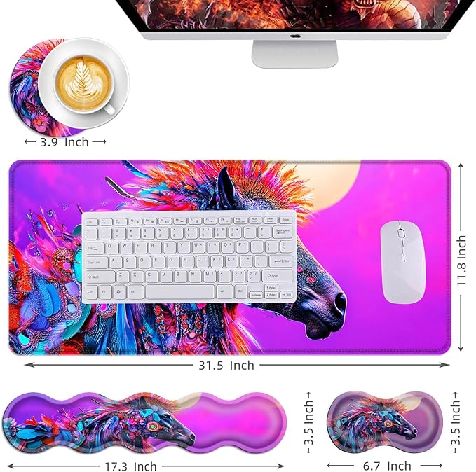 Mouse PadLarge Desk Mat Set 4in1 XL Mousepad + Keyboard Wrist Rest+Mouse Wrist Rest+Coaster with Ergonomic Desk Pad for Home Office Table Computer Cover -Colorful Horse