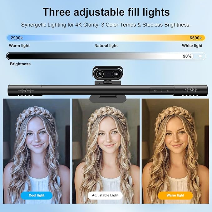 4K Webcam with Microphone and Speaker 4-in-1 Web Cam with Integrated Fill Light Bar Webcam for Pc Have Dual Speakers HDR Auto Light Correction Privacy Cover for Computer We bcam &amp Standing De