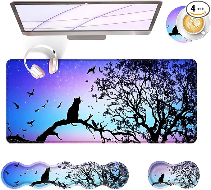 Large Keyboard Mouse Pad Set Extended Mouse Pad+Keyboard Wrist Rest Support Memory Foam Ergonomic Easy Typing 4Pcs (31.5×11.8 in) Desk Pad Set for Office HomeBlack Cat Under Starry Night