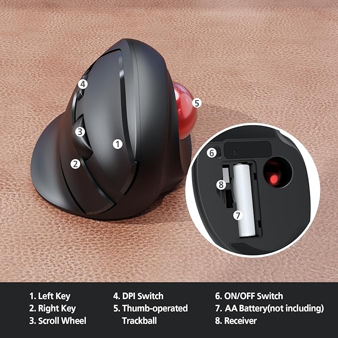 MicroPack Trackball Wireless Mouse Upgrade Right Hand Ergonomic Mouse with Wireless Vertical Rollerball Computer Mouse 3 Adjustable DPI Easy Thumb Control for PC Laptop Mac Windows - Black