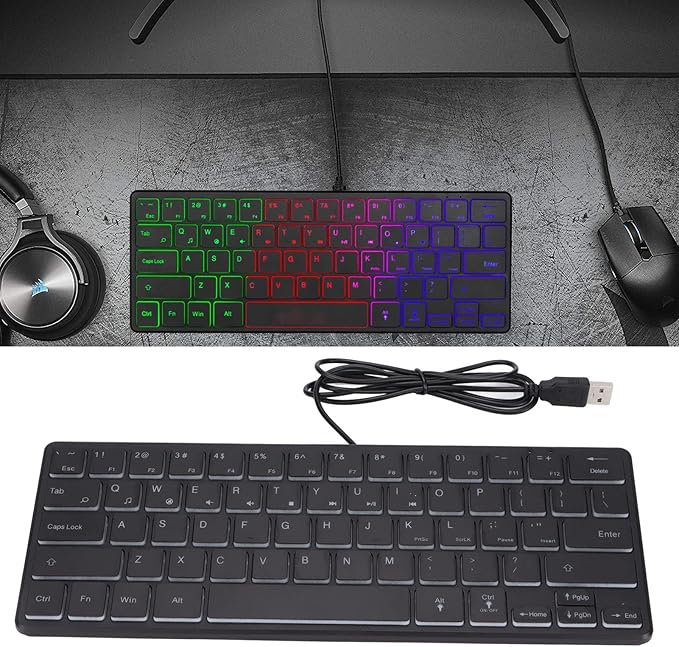 Wired Gaming Keyboard 64 Keys Mini RGB 3 Backlights Desktop Notebook Computer Accessories