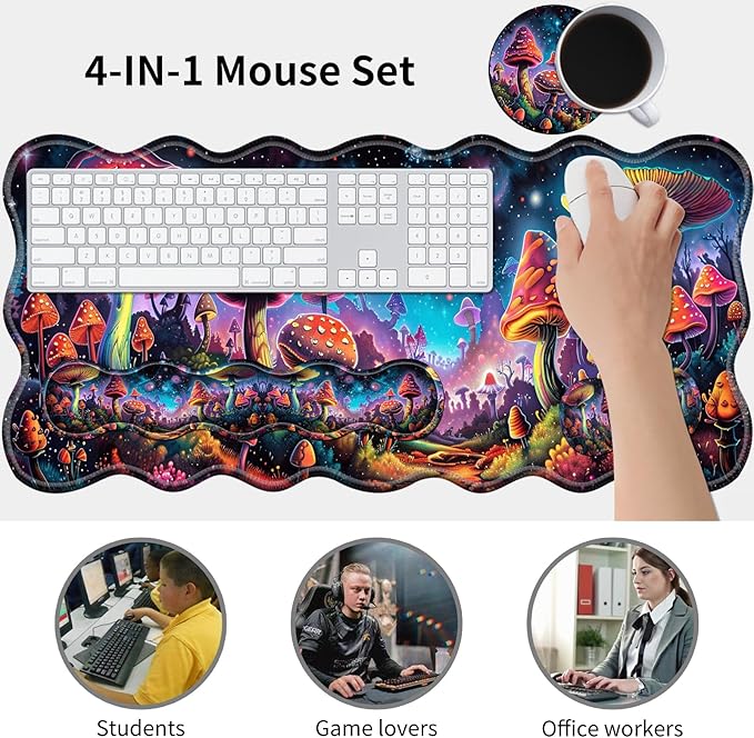 XXL Gaming Mouse Pad Set 31.5x11.8 Large Desk Mat with Keyboard Wrist Rest and Mouse Wrist Cushion Ergonomic Office Mouse Pad for Home &amp Work Non-Slip Extended Desk Pad Beautiful Mushrooms