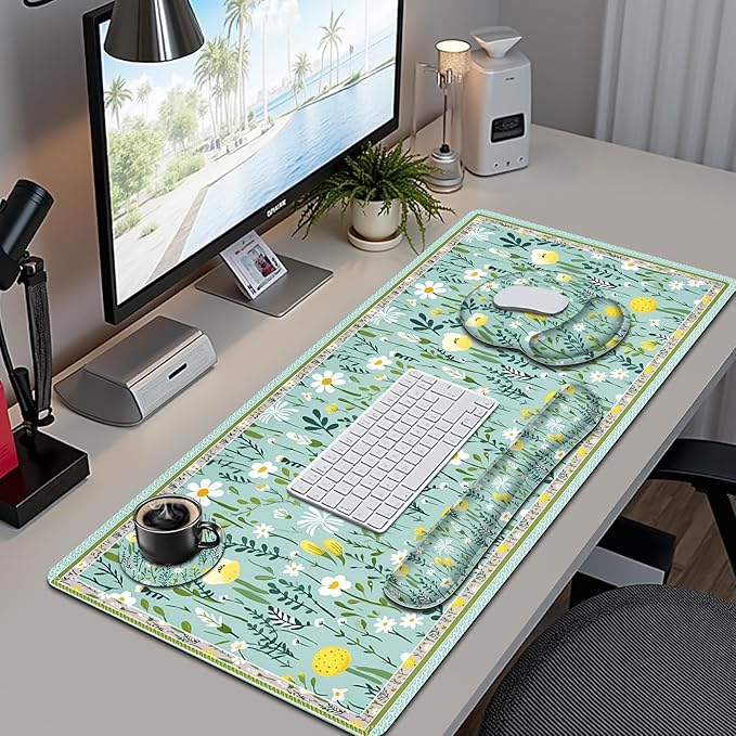 Floral Desk Mat 4in1 Large Mouse Pad with Wrist Rest Desk Matt for Desktop Desk Pad Mat Anti-Slip XXL Computer Ergonomic Mousepad with Wrist Support for Keyboard and Mouse I Green Elegant Flowers