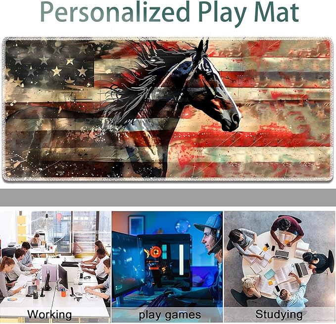 Large Gaming Mouse Pad + Keyboard Wrist Rest + Wrist Support + Coaster Set Memory Foam Ergonomic for Easy Typing XXL Extended Gaming Mouse Pad Table Pad - Flag Horse American