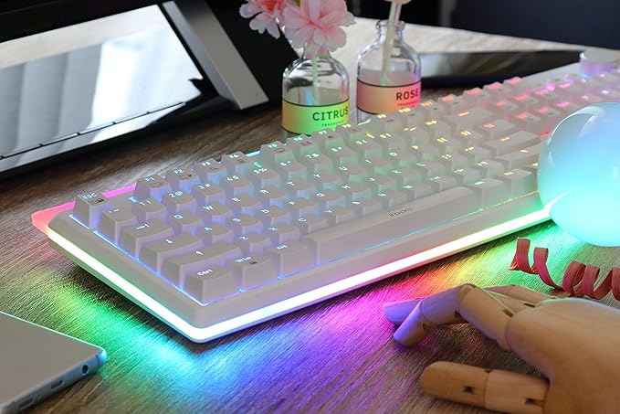 i-rocks K71M RGB Mechanical Gaming Keyboard with Media Control Knob Blue Switches 107 Keys w/Full NKRO PBT Keycaps Multimedia Hotkeys Detachable USB-C Cable and Onboard Storage White