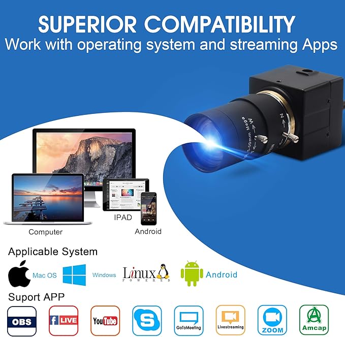 USB Camera 2MP Low Illumination Webcam 5-50mm Optical Zoom Lens Variable Focus USB Camera Compatible with Mac/Windows/Raspberry pi