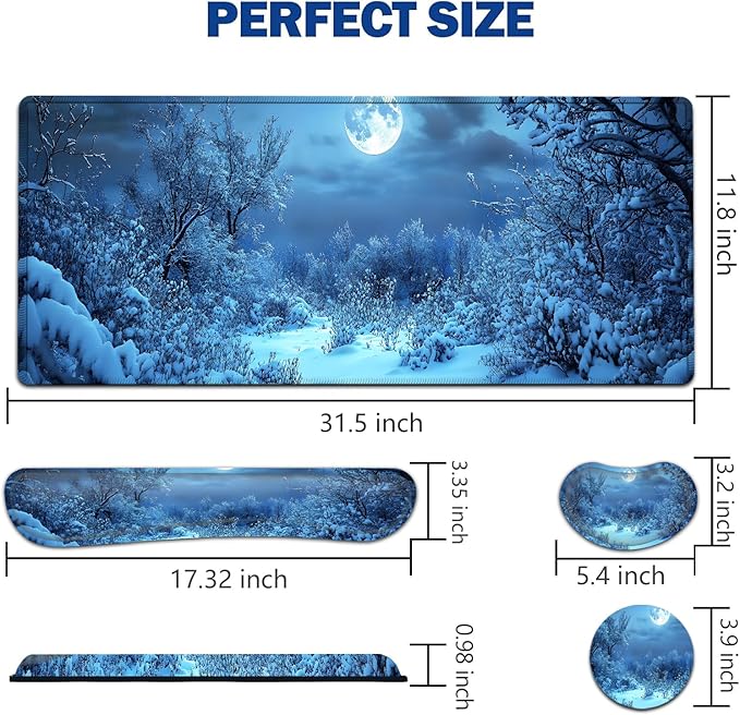 Large Mouse Pad + Keyboard Wrist Rest Set Extended Gaming Mousepad (31.5X11.8 inch) with Non-Slip Rubber Ergonomics Memory Foam Mouse Wrist Rest Support Winter Snow Tree XXL Desk Pad