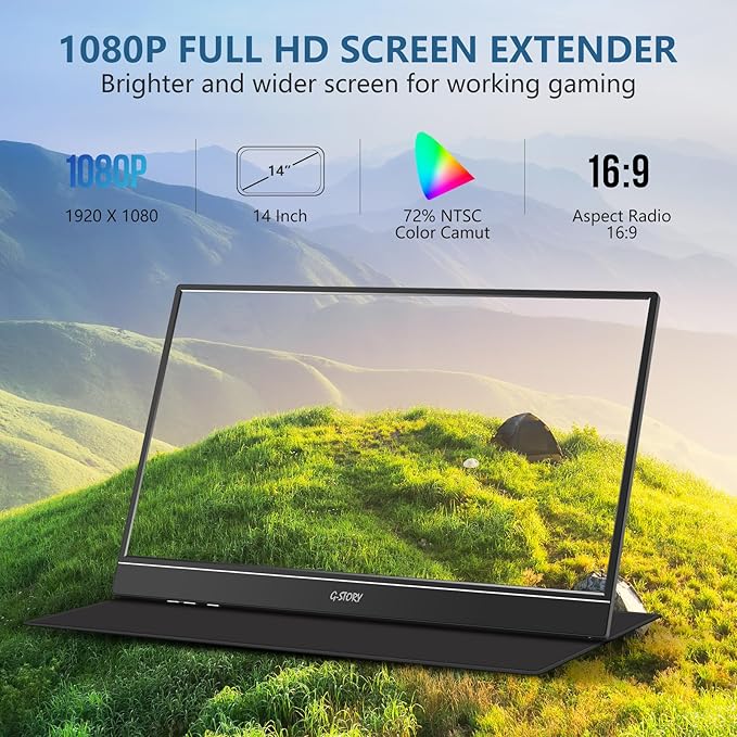 G-STORY Portable Monitor 14 Inch FHD 1080P IPS USB-CUSB-A Laptop Monitor with Adjustable and Hidden Cable DesignExtender Display with Smart Cover for Laptop PC Phone MAC Perfect for Travel (Black)