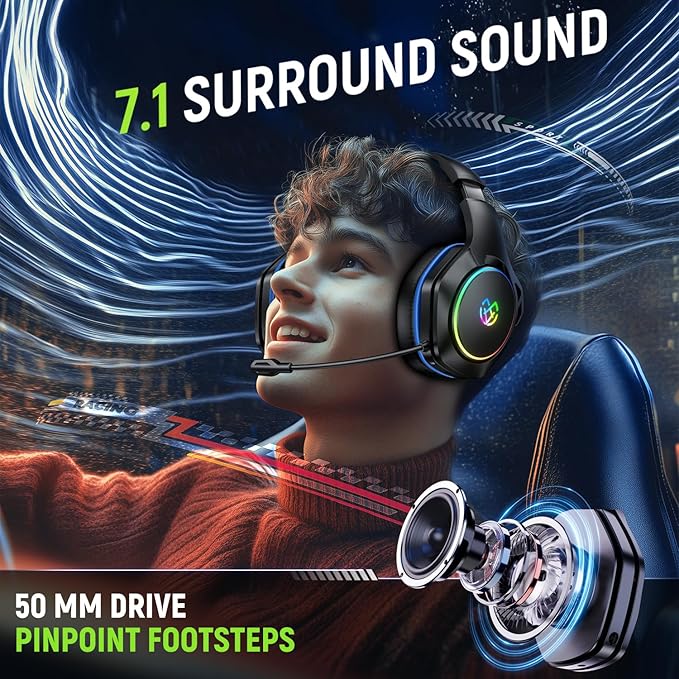 Wireless Gaming Headset for Ps5 Ps4 Pc with 7.1 Surround Sound 360° Adjustable Microphone 40H+ Battery 2.4GHz USB &amp Type-C – Compatible with Switch Laptop Mac Mobile Phone