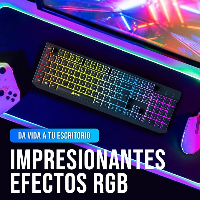 KLIM Chroma Wireless Spanish (España) Keyboard RGB Backlit Wireless Keyboard Rechargeable Battery Quiet Water-Resistant Plug &amp Play for PC Mac PS4/PS5