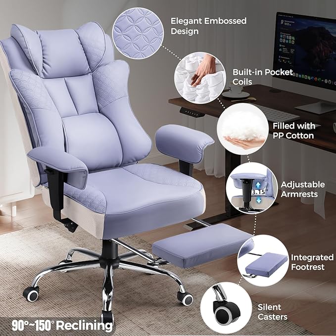 GTPLAYER Big and Tall Office Chair 400LBS Wide Ergonomic Gaming Chair with Deluxe Embossing Designed Leather with Foot Rest150°Reclining Adjustable Soft Armrests Pocket Spring Back Support and Pillow