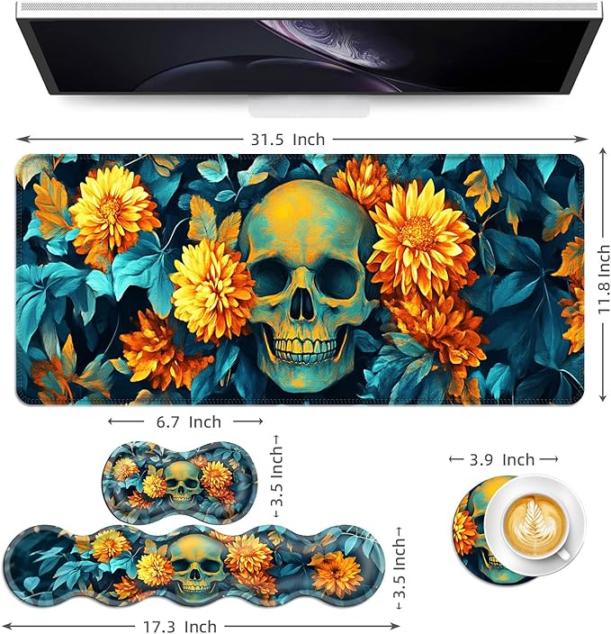 Keyboard Mouse Pad Set Extended Gaming Mouse Pad+Ergonomics Keyboard Wrist Rest Support Memory Foam Easy Typing Pain Relief 4Pcs XL Ultra Thick Desk MatSkull with Yellow Flowers