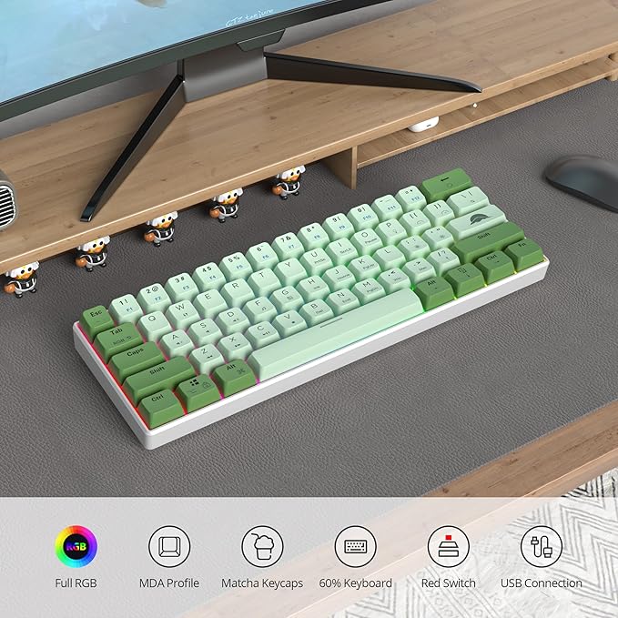 60% Mechanical Keyboard - Compact Gaming Keyboard with RGB Backlit 61 Green Switch Keys USB Wired for Windows Mac Laptop PC