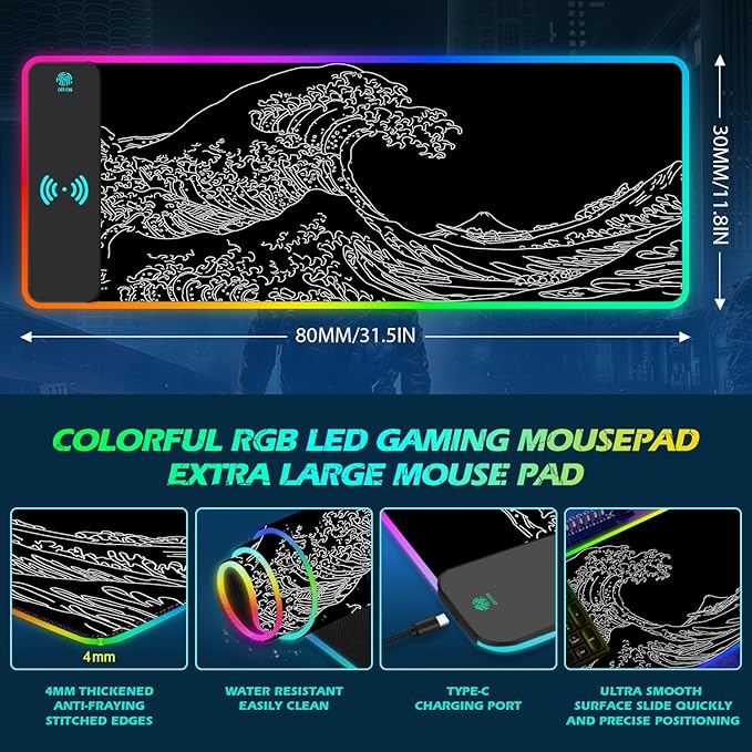 ToLuLu RGB Wireless Charging Gaming Mouse Pad 7.5/10/15W 10 Light Modes LED Mouse Pad Computer Keyboard Mat Mousepad 800x300x4MM Extended Large Desk Pad Mat Japanese Kanagawa Sea Wave Black White