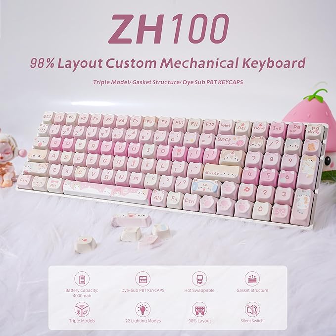 ZORNHER ZH100 Wireless Cat Mechanical Keyboard98% Pink Cute Creamy Keyboard with Number PadFull Size Girly Kitty Gaming KeyboardMeow Meow Squad KeycapsSilent Quiet SwitchesHot-Swappable