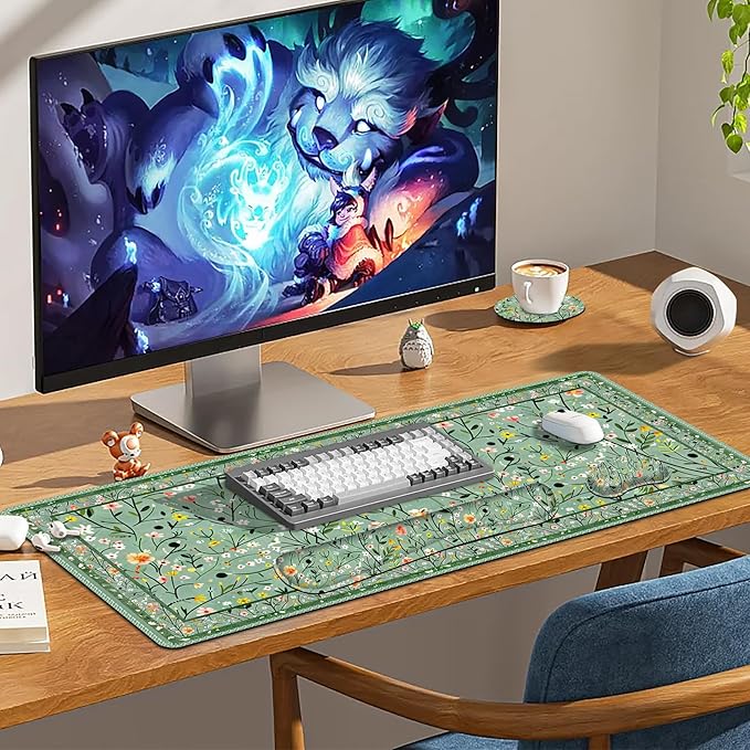 Floral Desk Mat 4in1 Large Mouse Pad with Wrist Rest Anti-Slip Desk Pad for Desktop XXL Ergonomic Mousepad with Wrist Support for Keyboard and Mouse Green Art Flowers