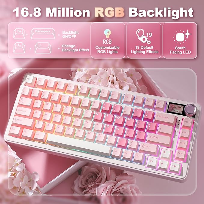 YUNZII B75 PRO MAX QMK/VIA Wireless Mechanical Keyboard75% Layout with Screen and KnobCustom Hot Swap GasketCreamy Pre-lubed SwitchesBluetooth/Type-C/2.4G for Win/Mac (Pink HeartCandy Switch)