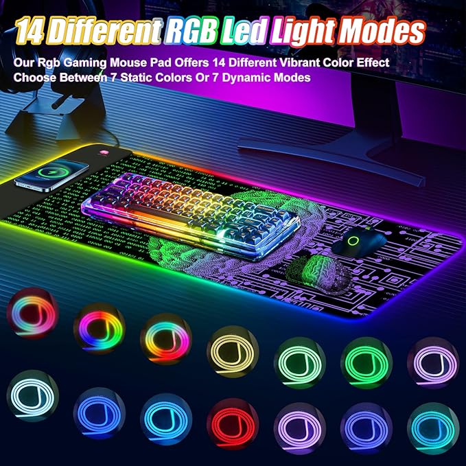 ToLuLu Wireless Charging RGB Gaming Mouse Pad 15W LED Mouse Mat with 30W Charger 14 Light Modes Large Mousepad Wrist Support Non-Slip Rubber Base Desk Mat Computer Keyboard Pad Right Left Brain