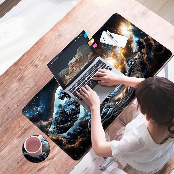 Mouse PadLarge Desk Mat Set 4in1 XL Mousepad + Keyboard Wrist Rest+Mouse Wrist Rest+Coaster with Ergonomic Desk Pad for Home Office Table Computer Cover -Starry Night Great Wave