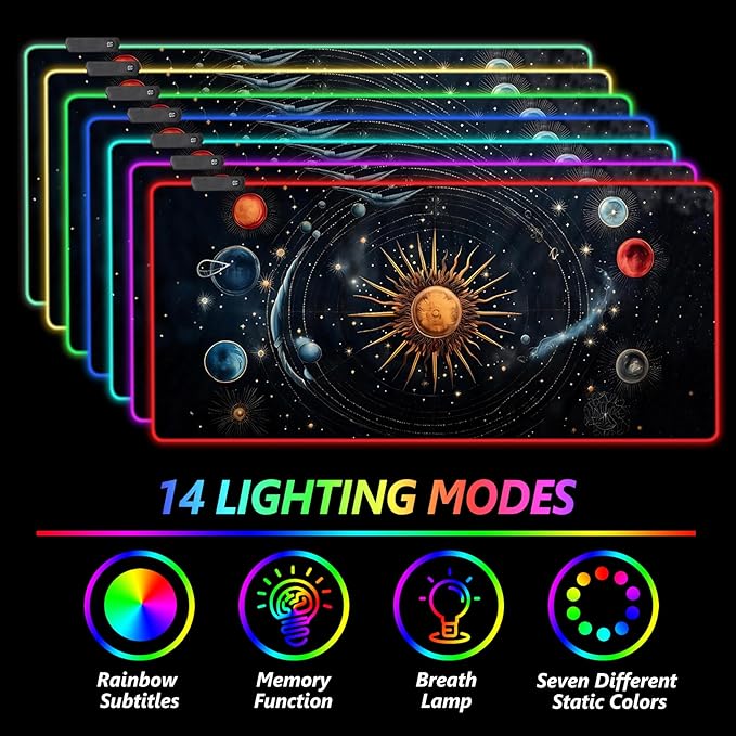 AIMSA RGB Mouse Pad LED Gaming Mouse Pad with 14 Lights Modes Non-Slip Rubber Base Computer Carpet Desk Mat for PC Laptop (35.4 x 15.8 inch) Abstract Solar System