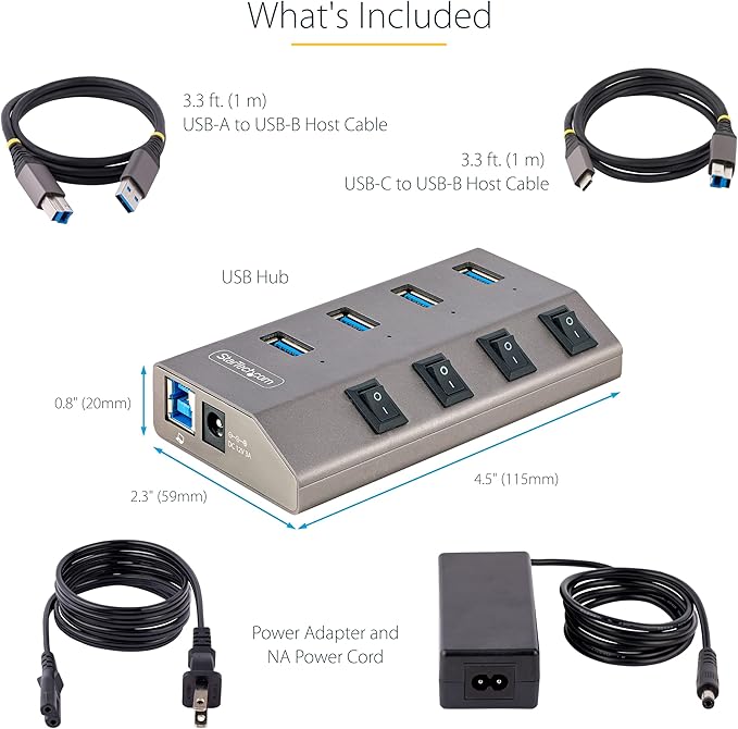 StarTech.com 4-Port Self-Powered USB-C Hub with Individual On/Off Switches USB 3.0 5Gbps Expansion Hub w/Power Supply Desktop/Laptop USB-C to USB-A Hub USB Type C Hub w/BC 1.2 (5G4AIBS-USB-HUB-NA)