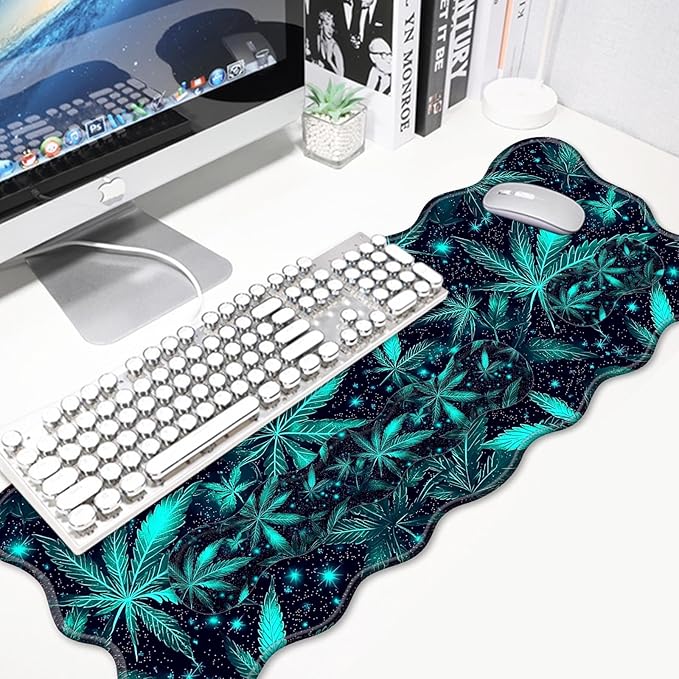 4 in 1 Desk Mat SetMouse Pad with Keyboard Wrist RestWave-Shaped DesignNon-Slip Rubber BaseWaterprooffor HomeOfficeGamingGreen Plant Leaf