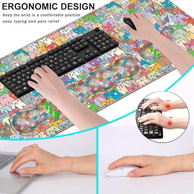 Mouse PadLarge Pink Desk Mat 4in1 XXL Mousepad + Keyboard Wrist Rest+Mouse Wrist Rest+Coaster Set with Ergonomic Desk Pad for Home Office Table Computer-Colorful Cats