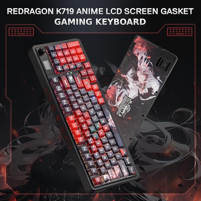 Redragon K719 PRO Wireless Gasket Gaming Keyboard w/Hype Screen &amp Knob 95 Keys Mechanical Keyboard Easy-Control 1.14’’ TFT Info Display 5-Layer Noise Dampening Custom Linear Switch Anime Edit
